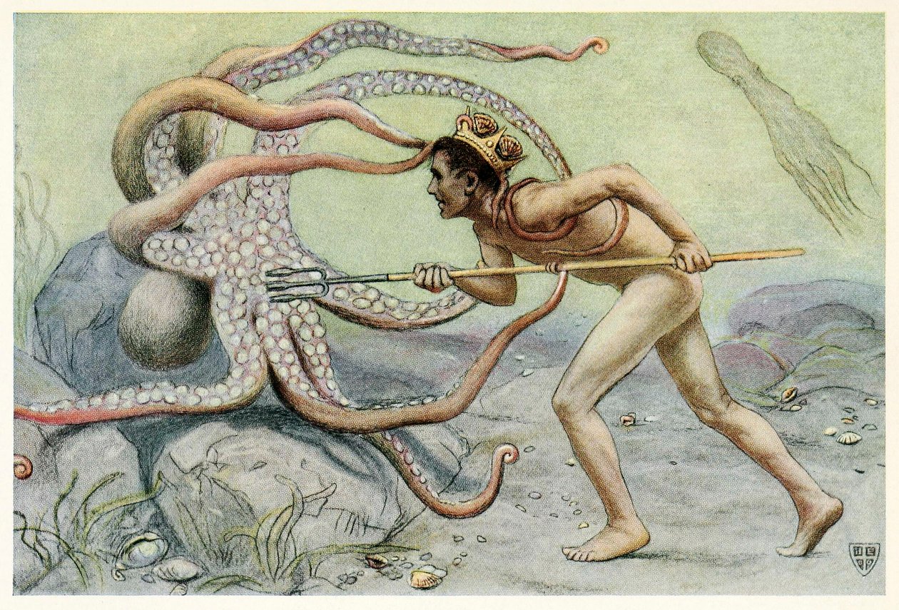 Han var veldig modig og sterk, … og kjempet mot den store blekkspruten fra The Great Sea Horse, 1909. av John Elliot