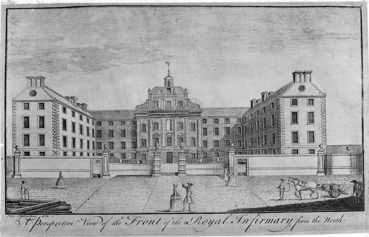 Et perspektivbilde av fronten til Royal Infirmary fra nord, ca. 1746 av John Elphinstone