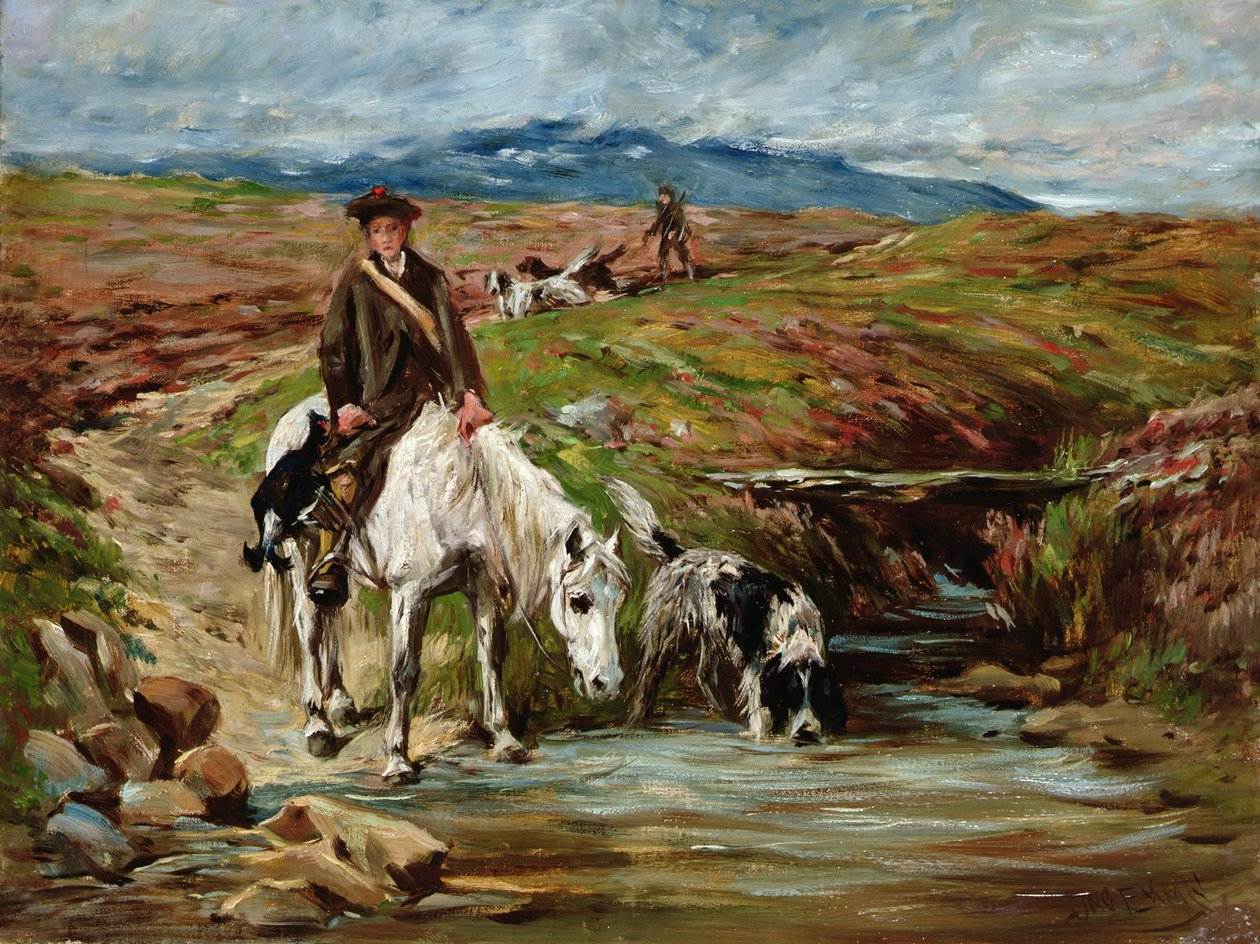 Hest og spaniel drikker fra en bekk av John Emms
