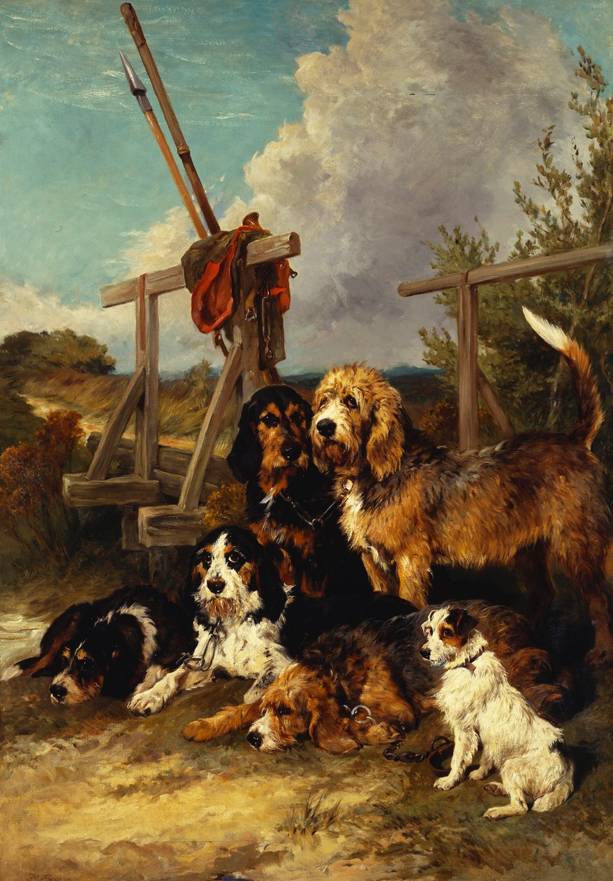 Otter Hounds by a Bridge - Tired Out, 1881 av John Emms