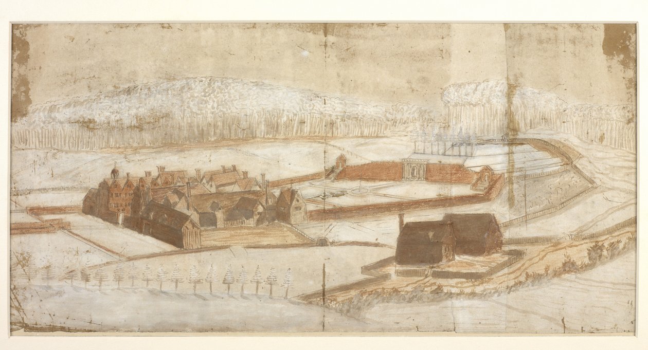 Legge til. 78610.(h) Utsikt over Wotton med hagen, grotten og omegn fra det vestlige hjørnet, ca. 1650 (penn og blekk med fargestift og vask) 215 x 435 mm  John Evelyn  1650-tallet? av John Evelyn