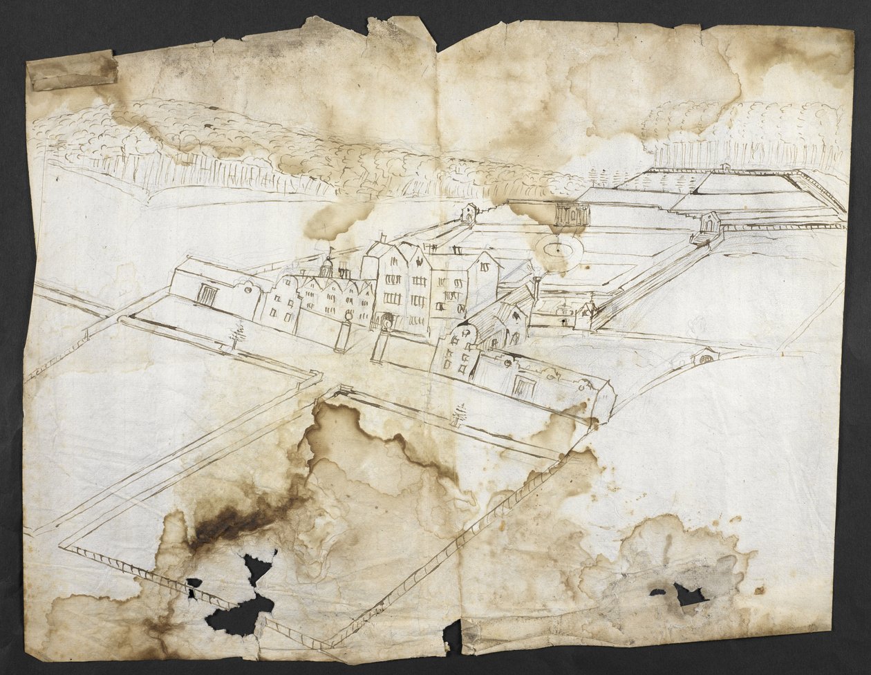 Legge til. 78610 (i) Prospekt av Wotton med hagen, grotten og omegn fra nordvest, ca. 1650 (penn og blekk på papir) av John Evelyn
