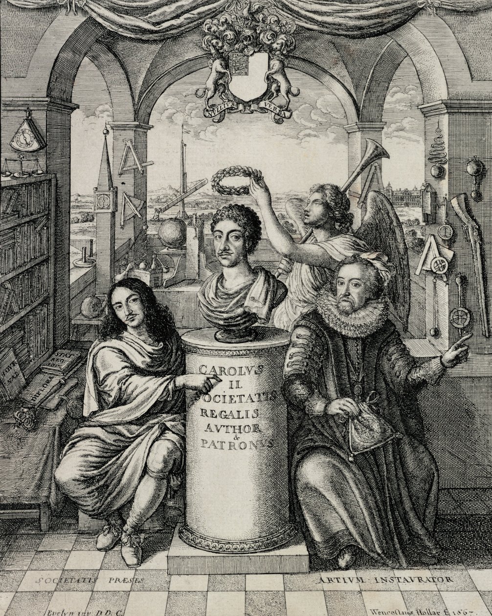 Charles II (1630-85) som beskytter av Royal Society, gravert av Wenceslaus Hollar (1607-77) 1667 av John Evelyn