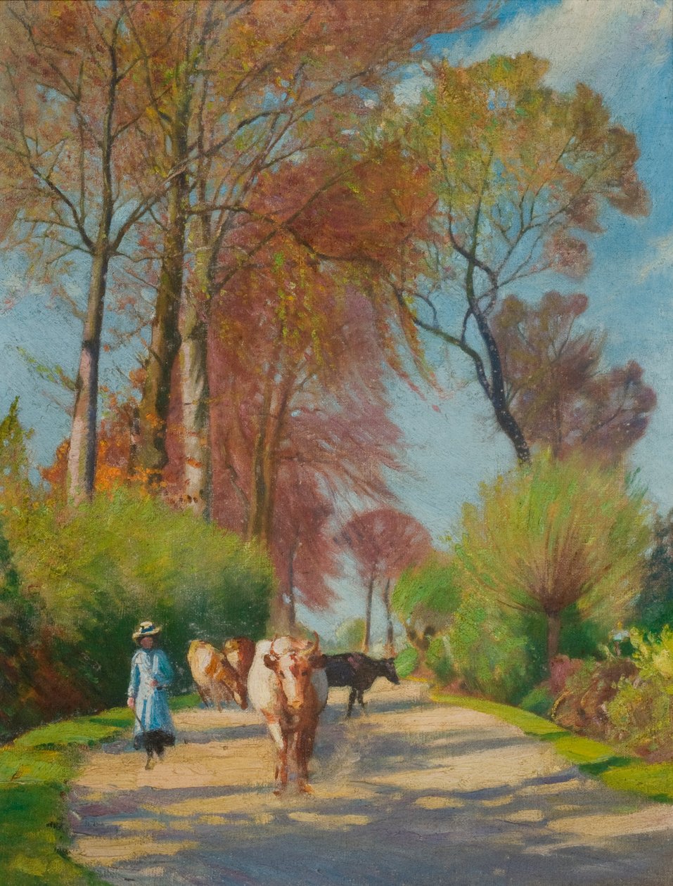 Country Lane med figur og ku (olje om bord) av John Everett