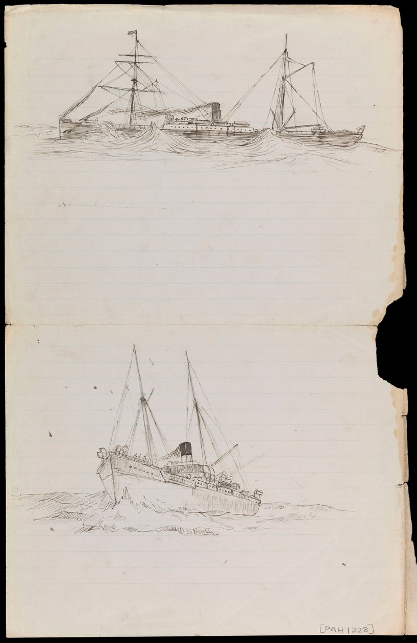 PAH1228; Skisser av et slagskip og to andre fartøy fra Royal Navy (tegning) av John Everett