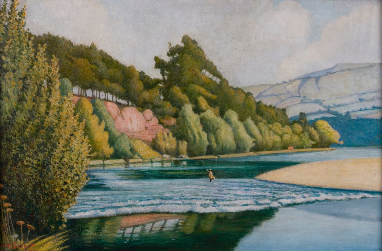 Elvescene med fisker (olje på lerret) av John Everett