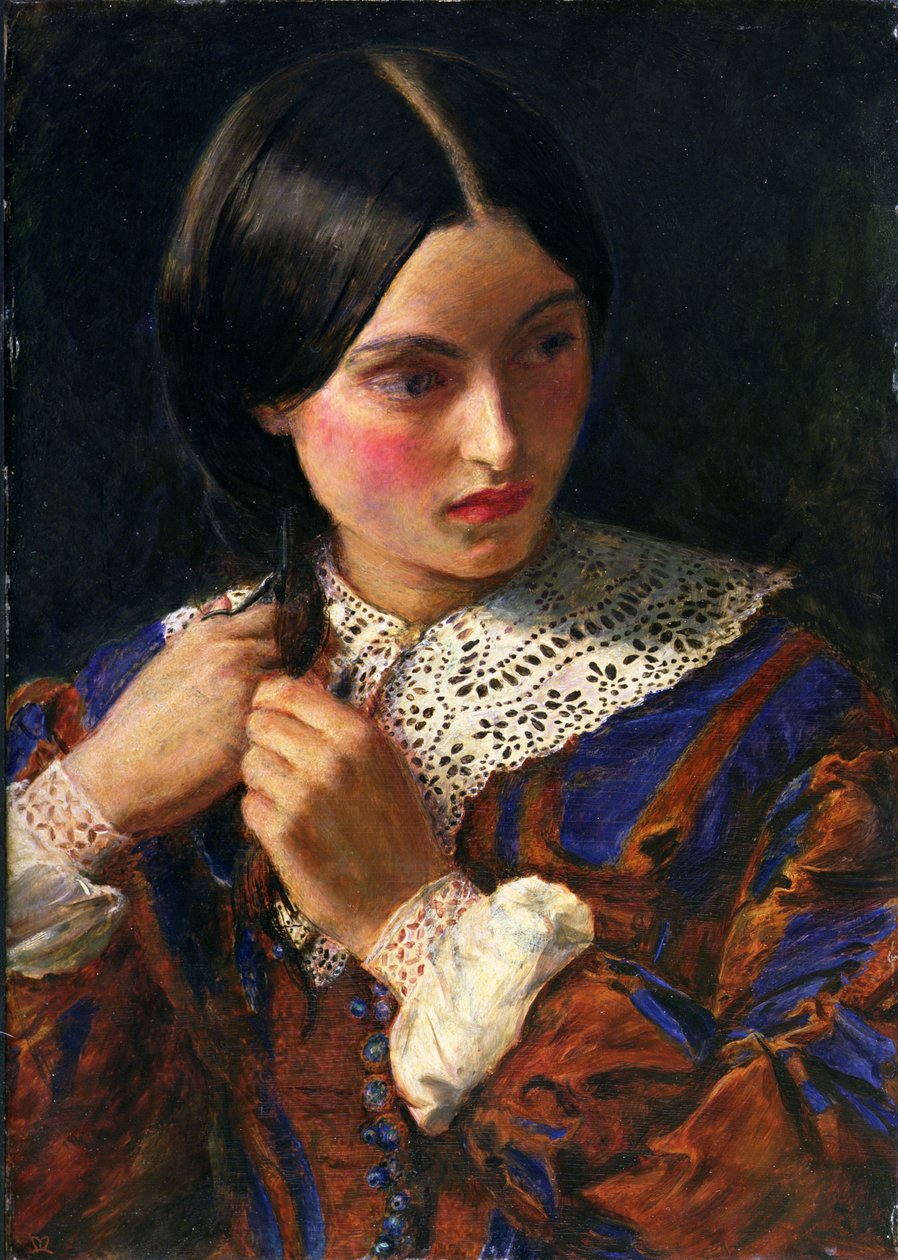 Bare en hårlokk, ca. 1857-58 (olje på panel) av John Everett Millais