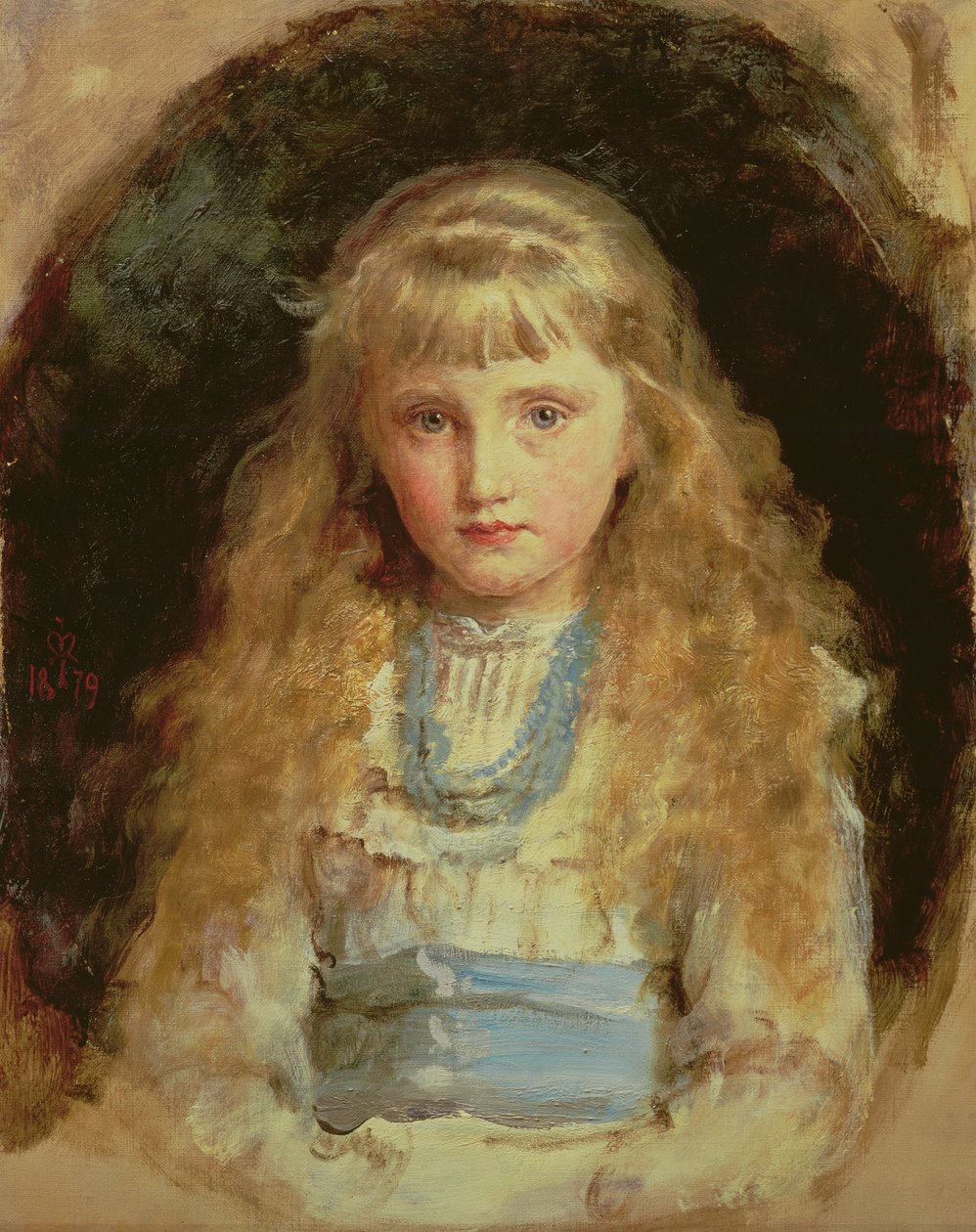 Portrett av Beatrice Caird iført en hvit kjole med blått ramme av John Everett Millais