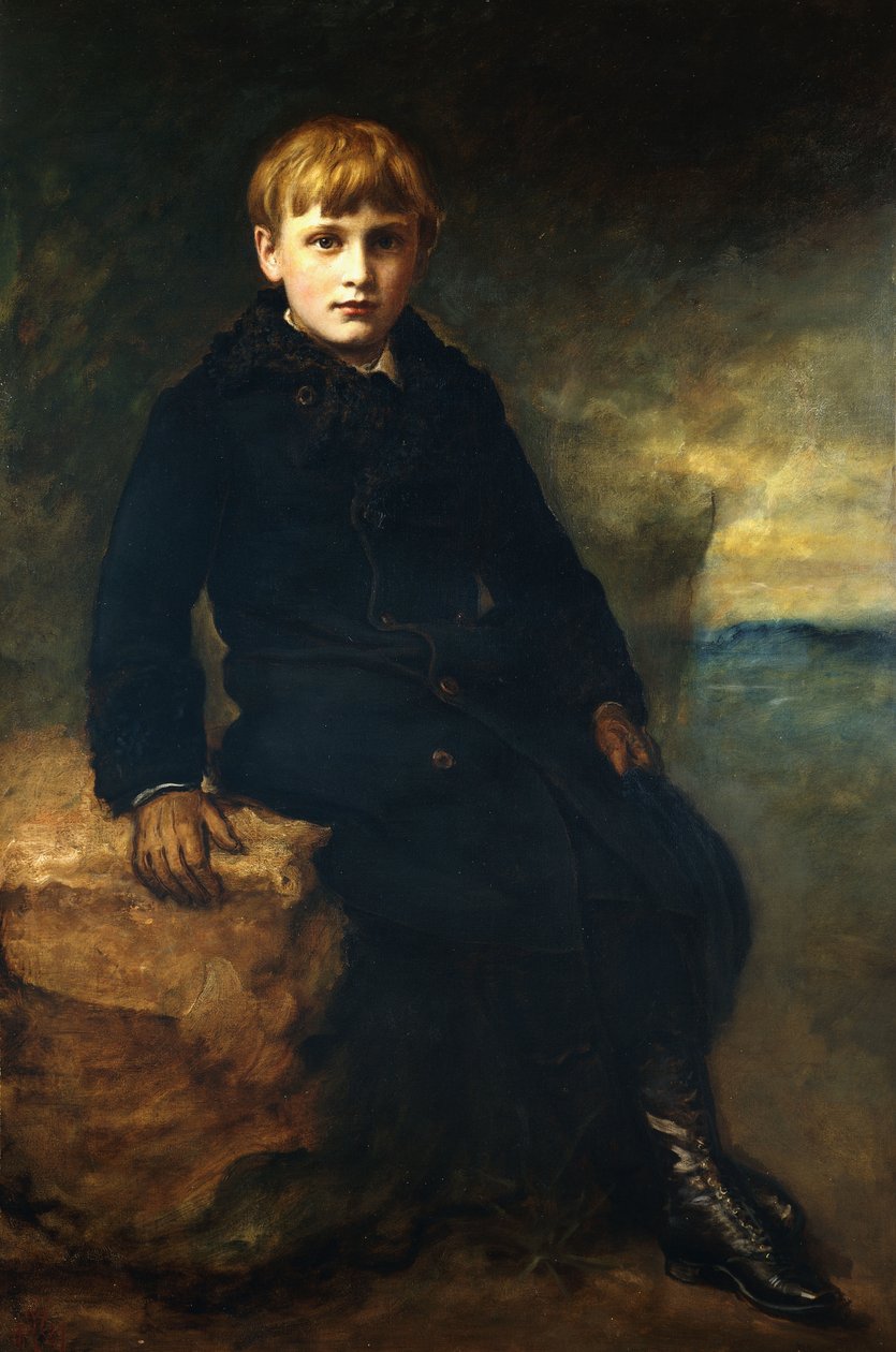 Portrett av Cecil Webb, sittende i full lengde, iført en svart frakk med pelskrage, 1887 av John Everett Millais