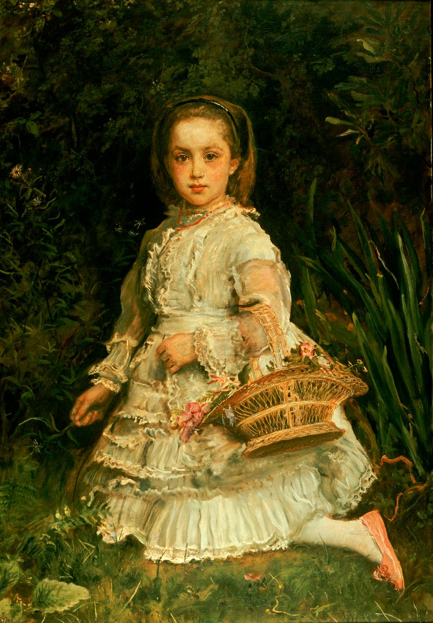 Portrett av Gracia, full lengde, iført en hvit kjole, plukket ville blomster av John Everett Millais