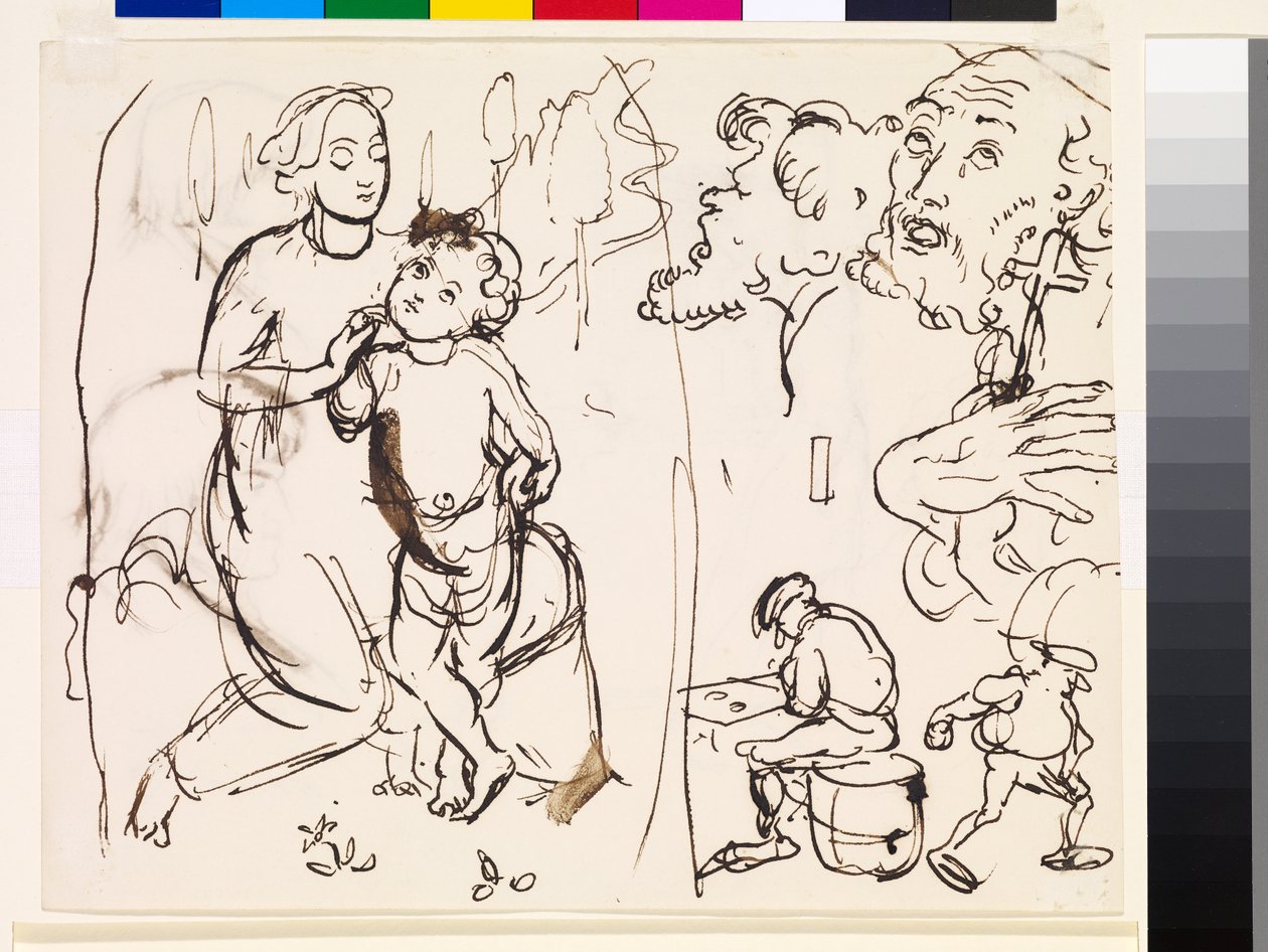 Studieark som karikerer den post-raphaeleske stilen, 1853 av John Everett Millais