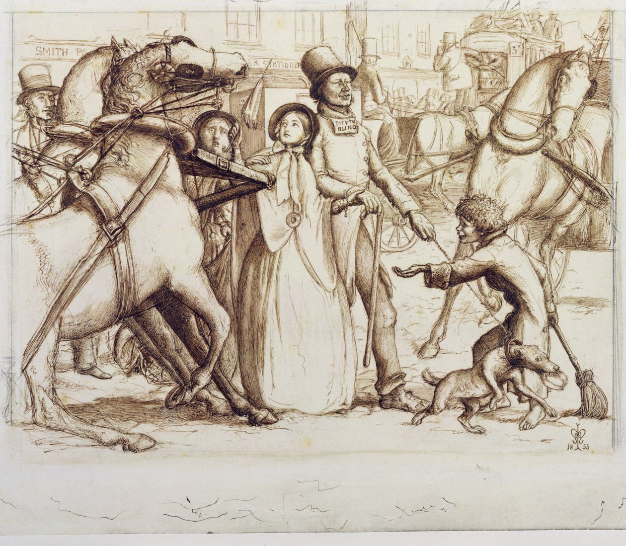The Blind Man, 1853 (penn, blekk, vask og grafitt på vevd papir) av John Everett Millais