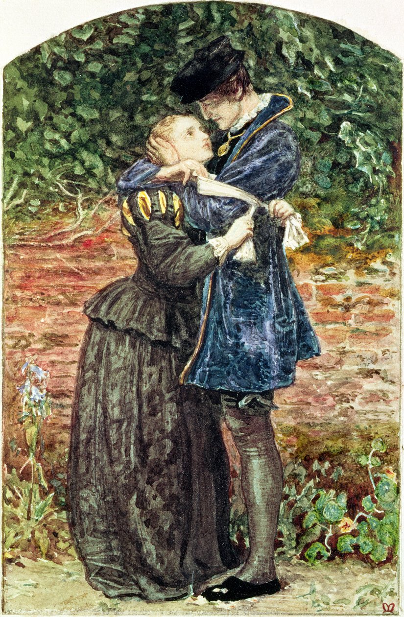 The Huguenot, 1852 (wc, penn, blekk og gouache på papir) (se også 19693) av John Everett Millais