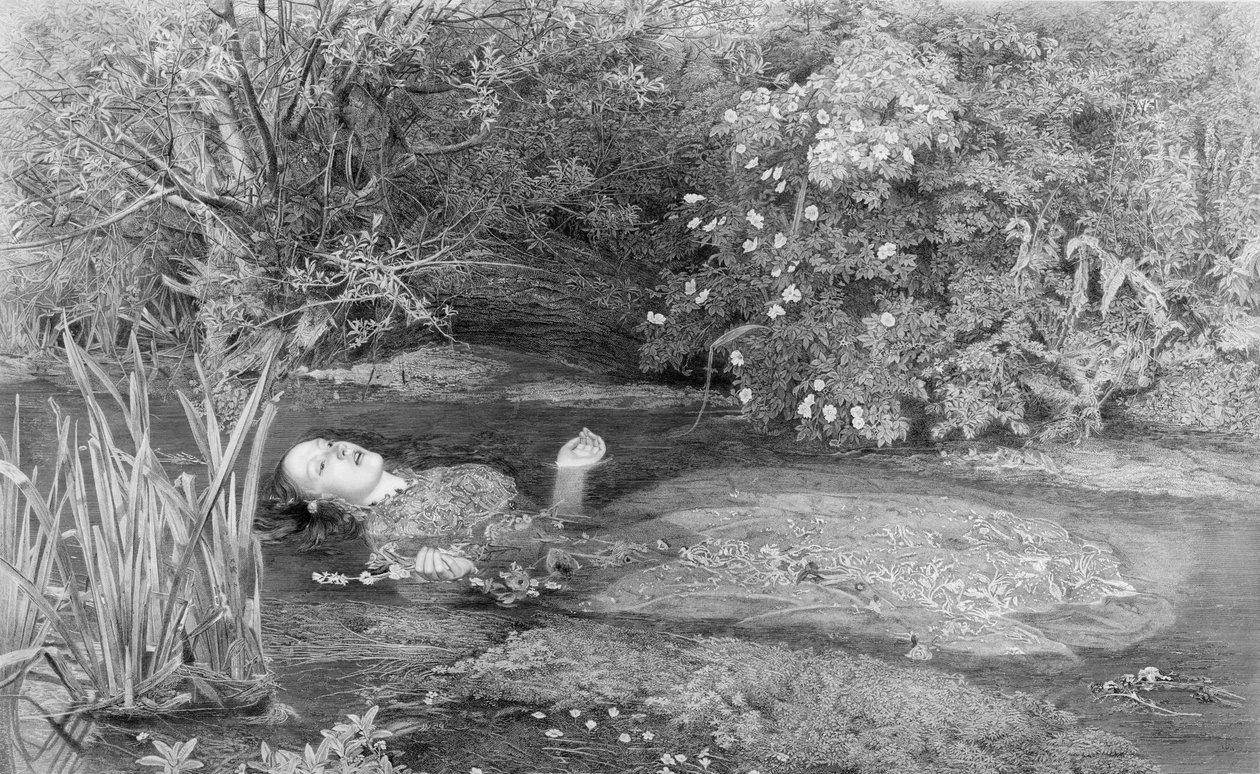 Ophelia, gravert av Alfred Smith (1810-fl.1870) pub. av Henry Graves & Co., 1864 av John Everett after Millais