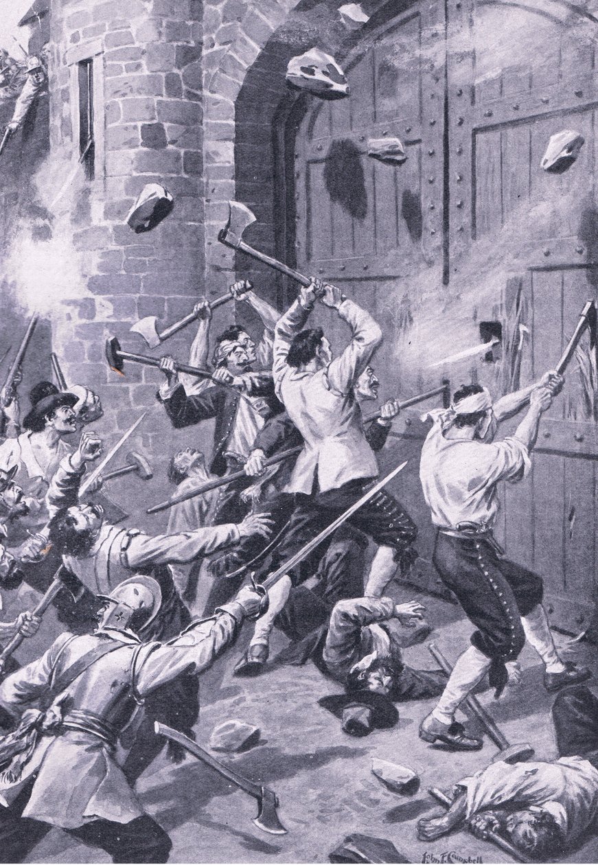 Plyndringen av Dundee 1. september 1651: Engelske sjømenn angriper Wellgate Port, illustrasjon fra 'British Battles on Land and Sea' av John F. Campbell