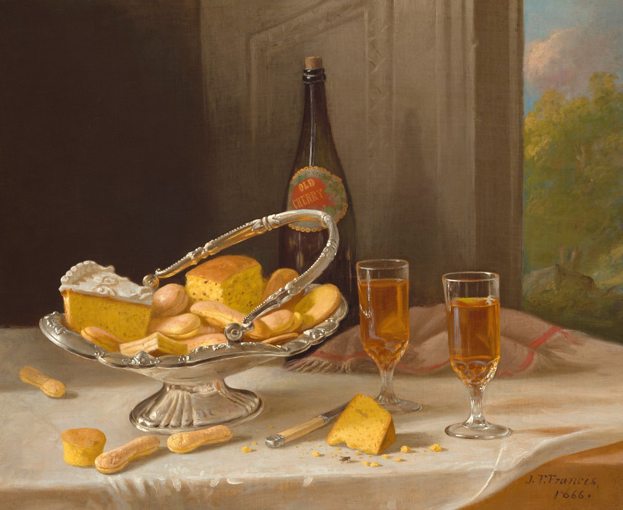Stilleben med sølvkakekurv, 1866. av John F. Francis
