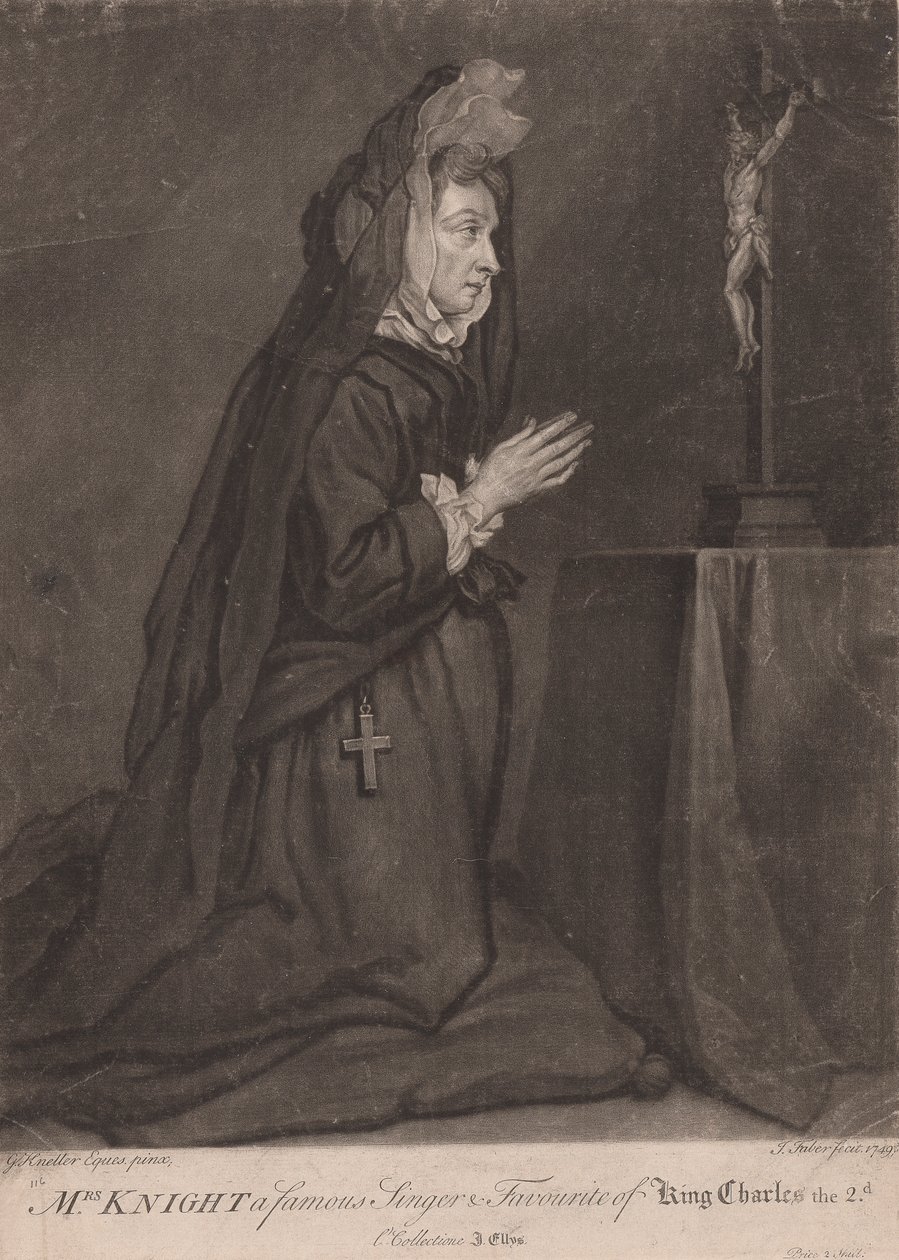 Mrs. Knight en berømt sangerinne og favoritt til kong Charles II av John Faber the younger