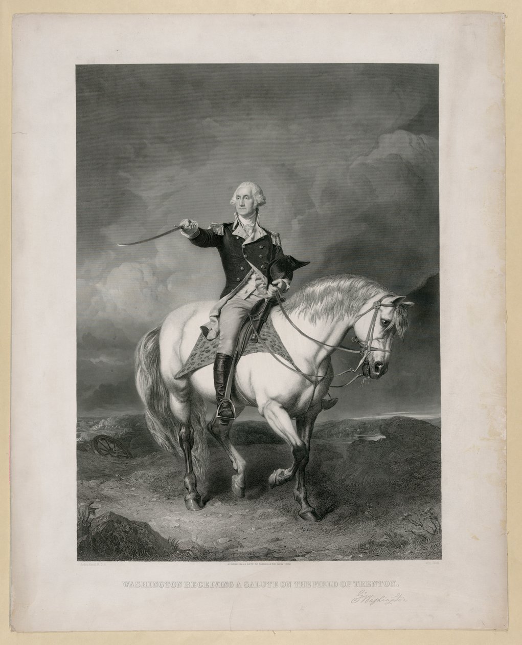 Washington mottar en salutt på Trenton-feltet / John Faed, RSA; Wm. Holl. Publisert: New York: Kendall Bank Note Company, [ca. 1860] av John Faed
