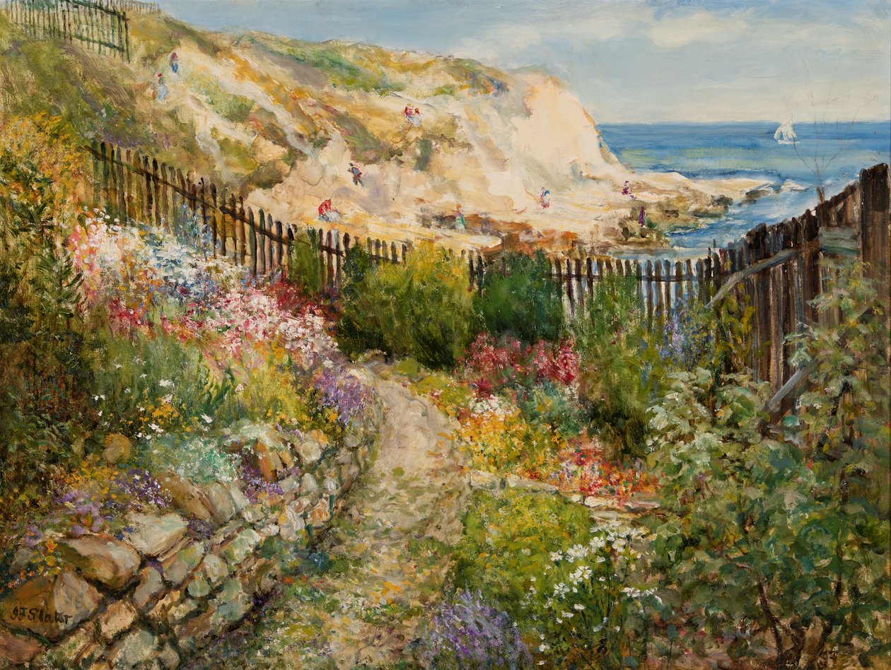 En Cullercoats-hage med utsikt over havet (olje om bord) av John Falconar Slater