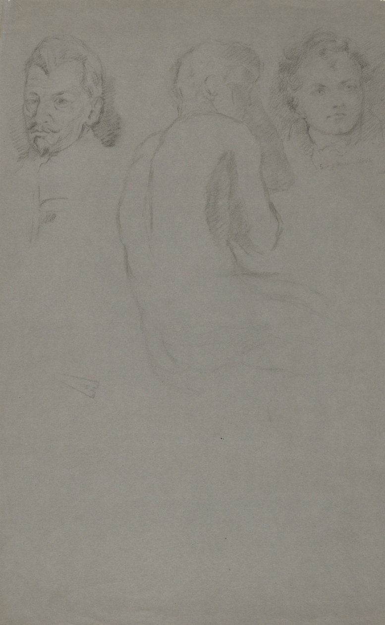 To portrettstudier og en mann naken, sittende av John Ferguson Weir