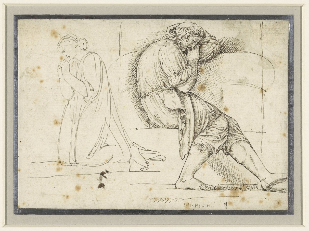 Studieark med en sovende ung mann og en knelende bedende kvinne av John Flaxman (II)