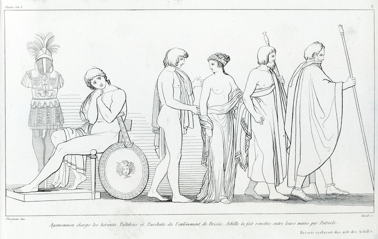 Agamemnon anklaget heralderne Taltibius og Euribat for bortføringen av Briseis; Achilles fikk den overlevert til deres hender av Patrocles. Tegning av John Flaxman (1755 - 1826). Homers Iliaden. Synger I av John Flaxman