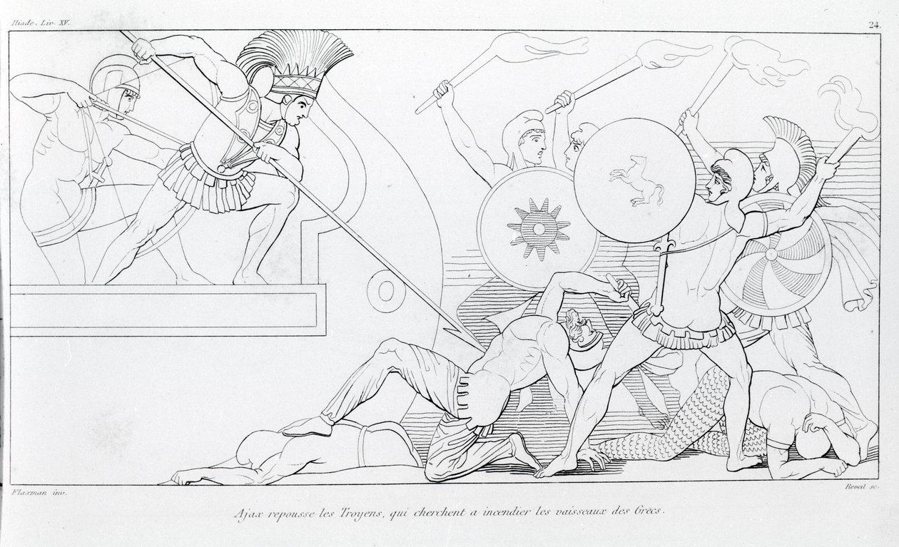 Ajax frastøter trojanerne som prøver å brenne de greske skipene. Tegning av John Flaxman (1755 - 1826). Homers Iliaden. Sang XV. av John Flaxman