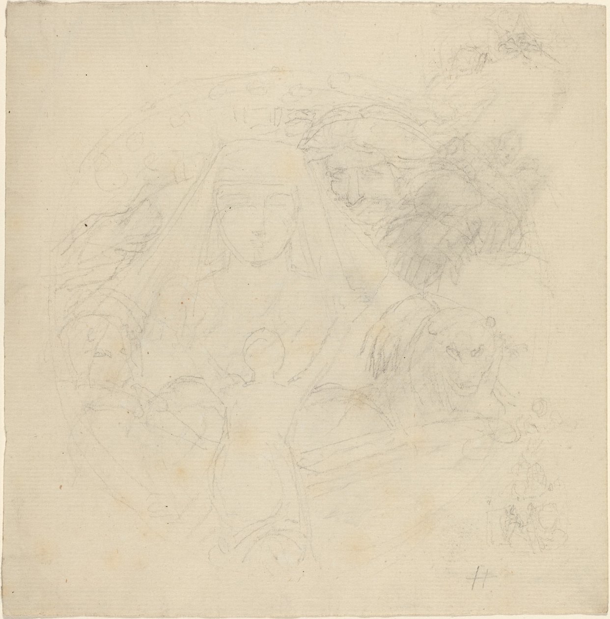 Figur sett bakfra ber til en tilsynekomst av et hode med løver under av John Flaxman