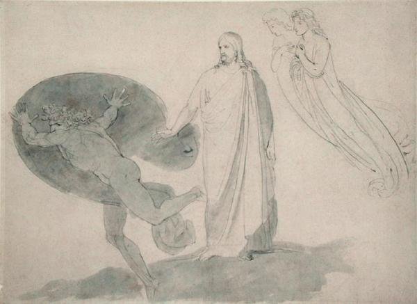 Get Thee Behind Me, Satan, ca. 1783-87 (blyant, penn, blekk og vask på papir) av John Flaxman