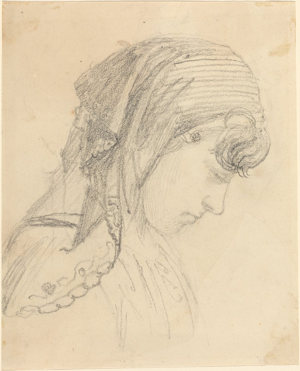 Hodet til en kvinne i et skjerf, ser ned av John Flaxman