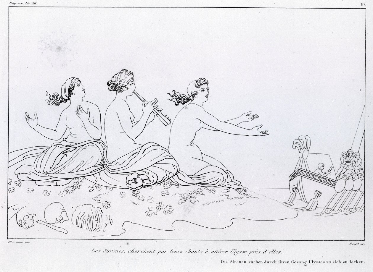 Havfruer søker etter sangen deres for å tiltrekke Ulysses. Tegning av John Flaxman (1755 - 1826). Homer