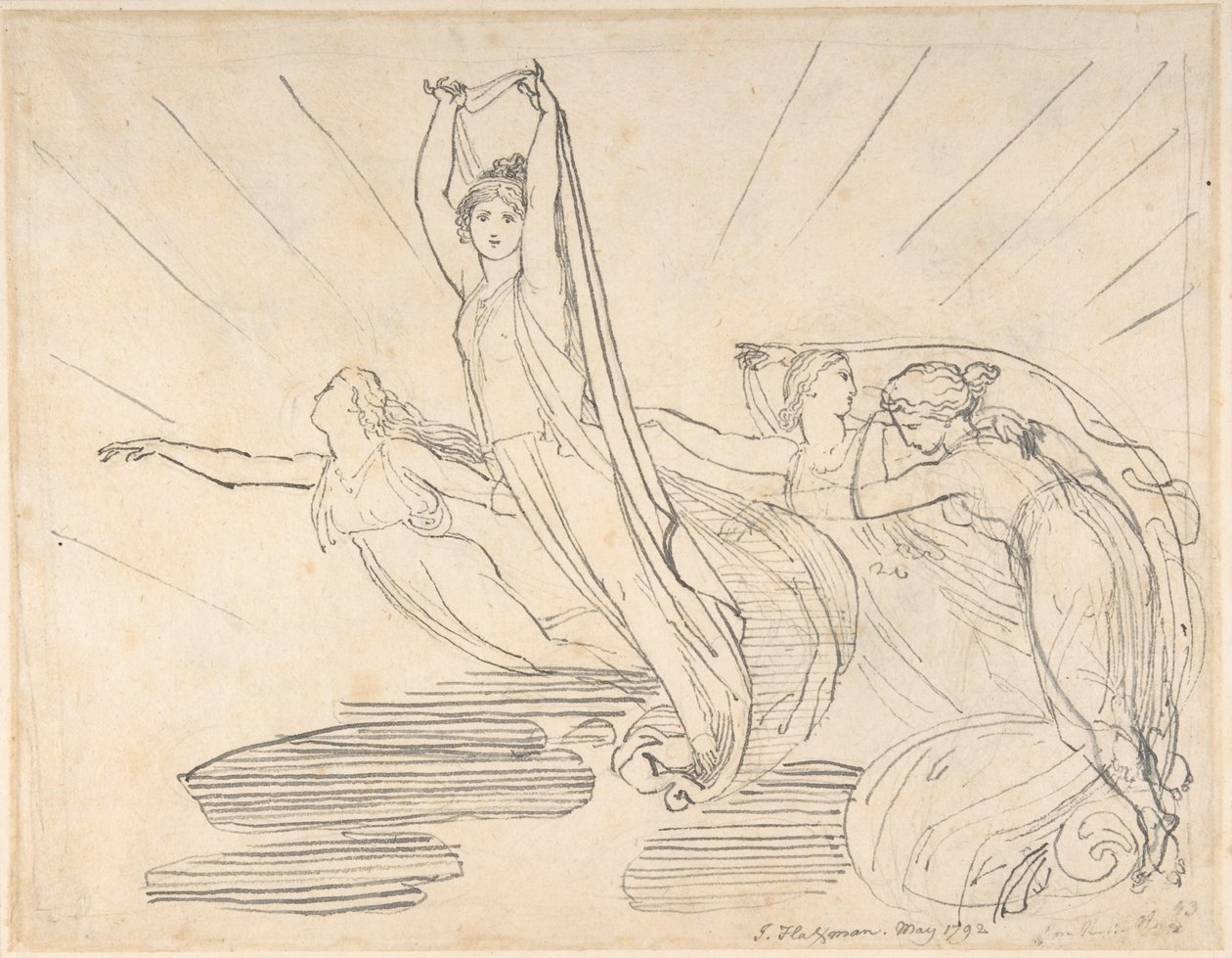 Morgen: Popes Odysseen, bok 12 (recto); studie til den endelige tegningen (verso) av John Flaxman