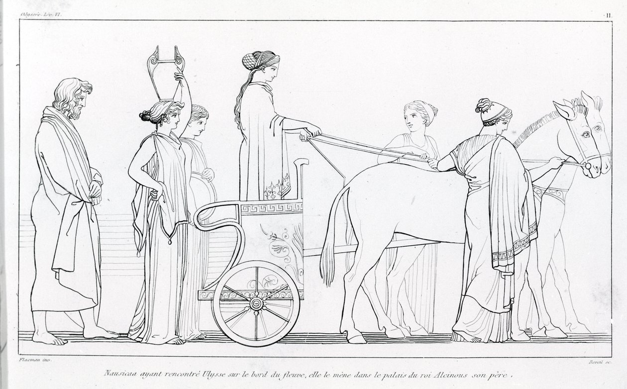 Nausicaa, som nettopp møtte Ulysses, tar ham med tilbake til farens palass, kong Alkinoos. Tegning av John Flaxman (1755 - 1826). Homer's Odyssey. Sang VI. av John Flaxman