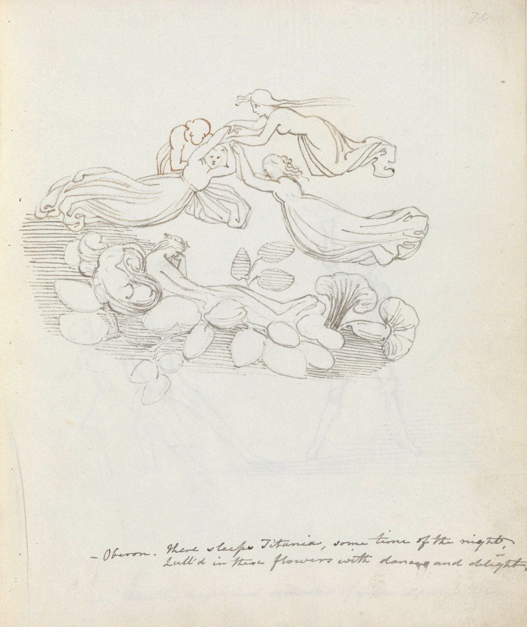 Oberon. Der sover Titania, en tid på natten..., 1783 (penn, blekk og vask på papir) av John Flaxman