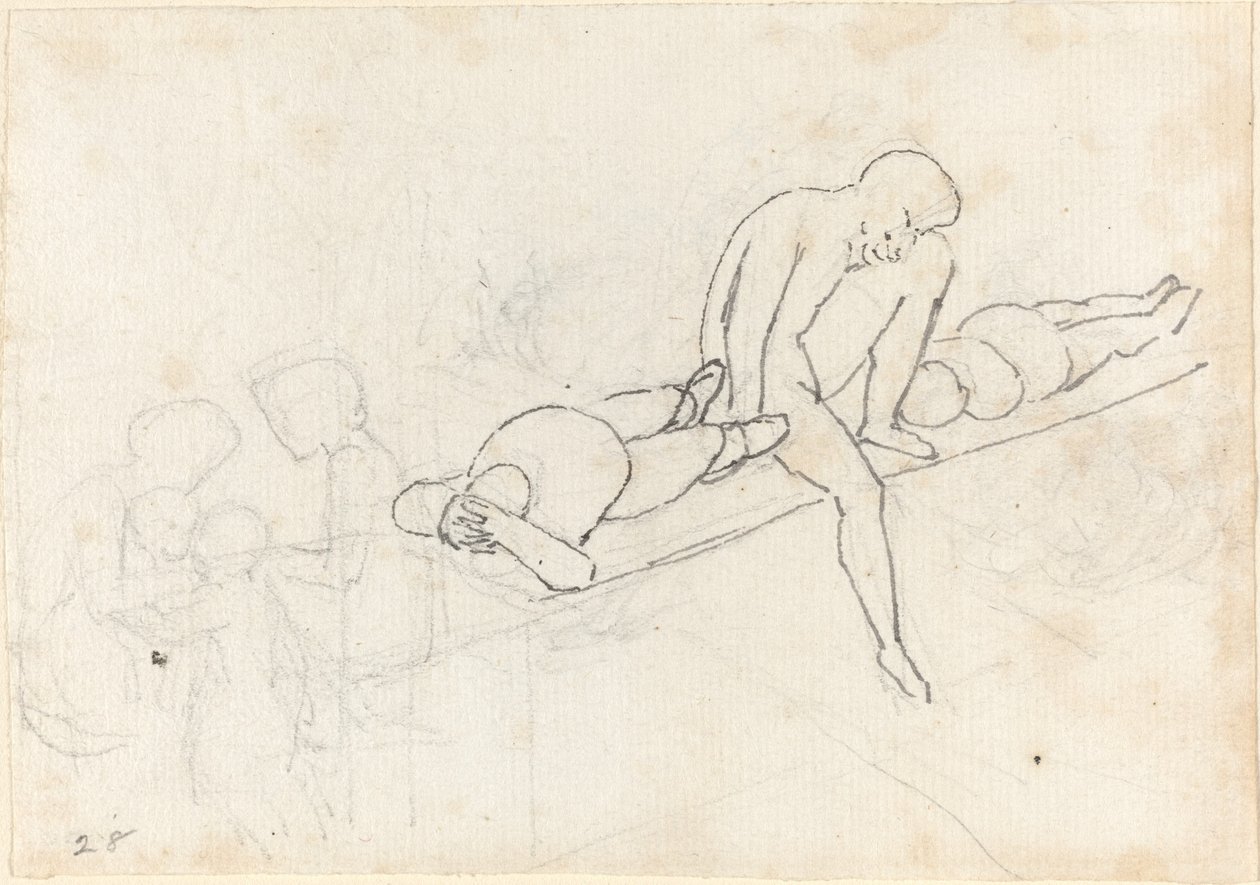 Sittende mann flankert av to liggende figurer; Samling av figurer i nedre venstre hjørne av John Flaxman