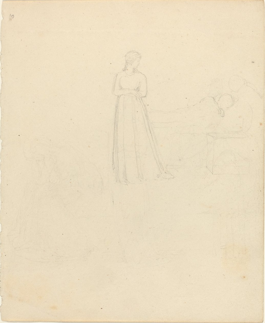 Stående kvinnefigur som ser på liggende og sittende figurer av John Flaxman