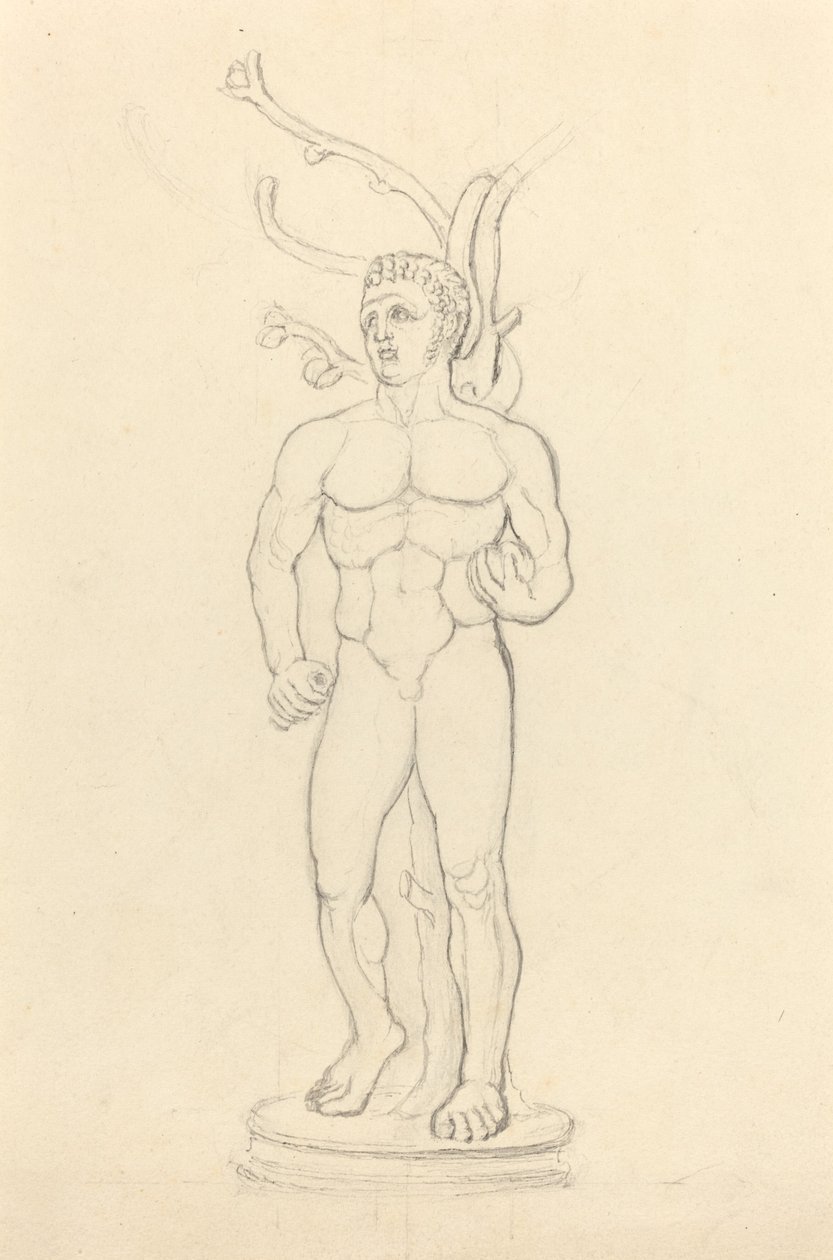 Statue av en mannlig naken foran et tre av John Flaxman