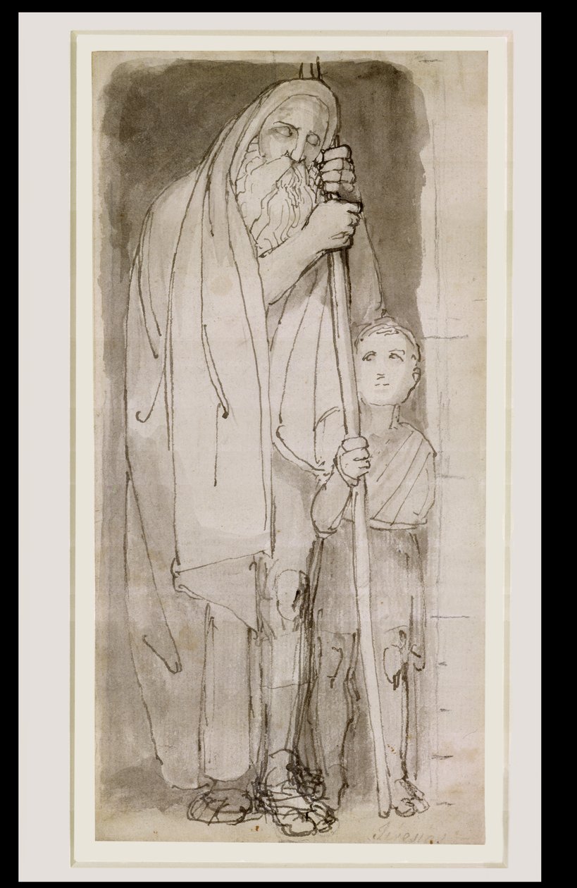 Den blinde Tiresias og en gutt (penn og blekk og blyant på papir) av John Flaxman