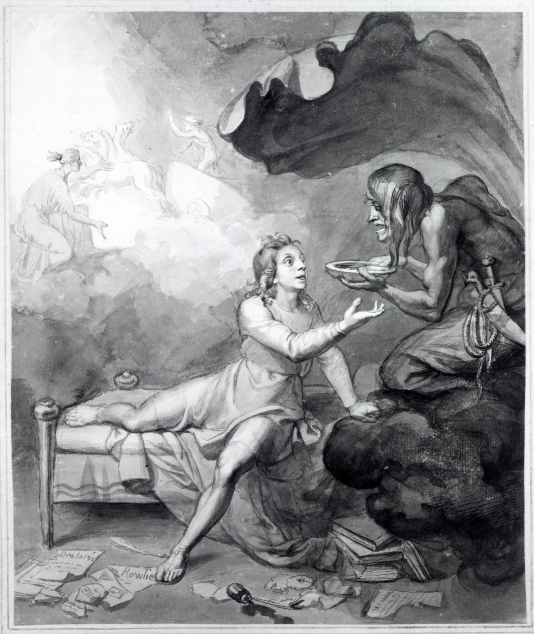 Thomas Chatterton mottar en skål med gift fra Despair (penn, blekk og vask på papir) av John Flaxman
