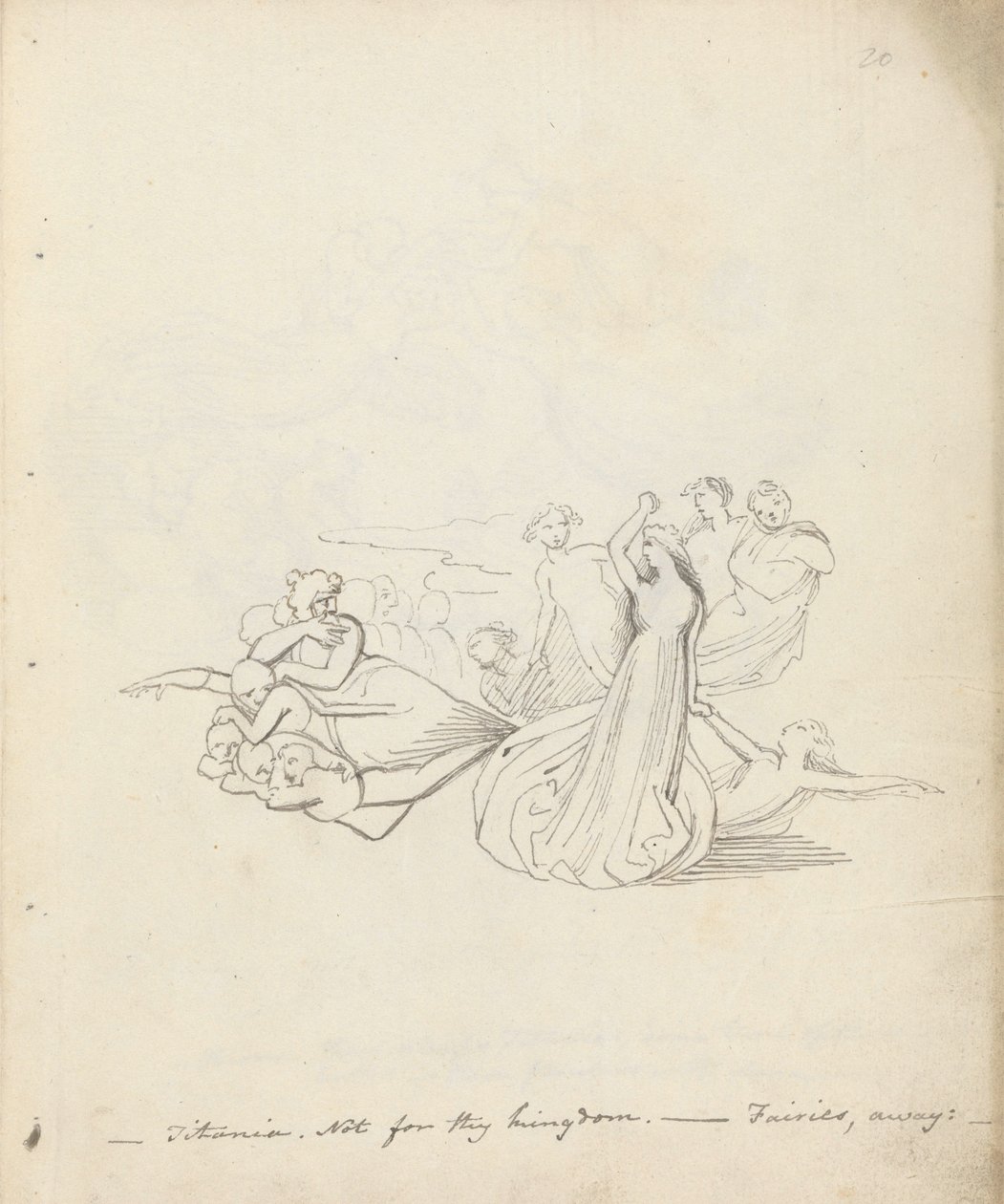 Titania. Ikke for ditt rike. - Feer borte, 1783 (penn, blekk og vask på papir) av John Flaxman