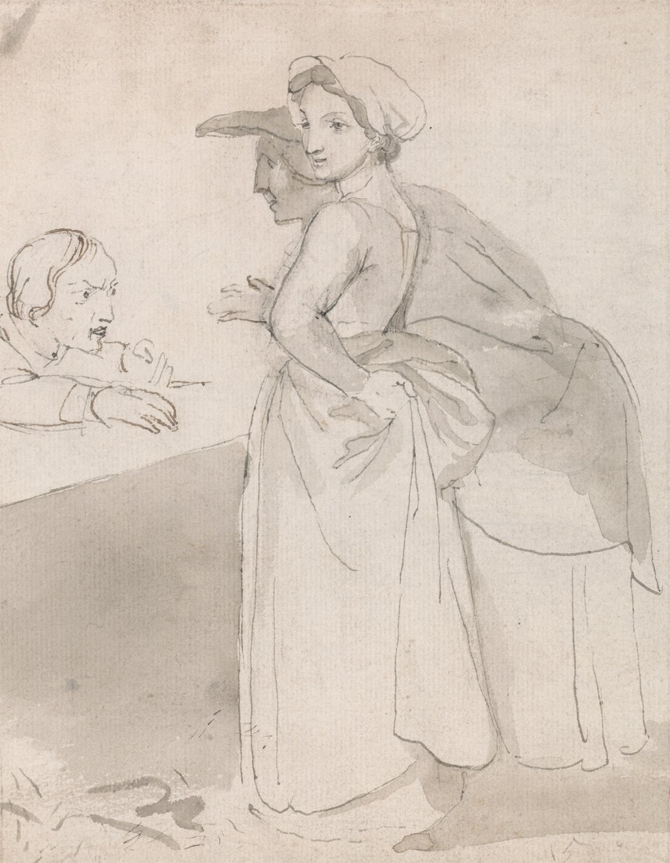 To kvinner snakker med en mann ved en skranke av John Flaxman