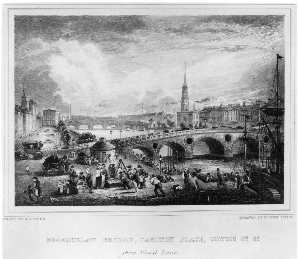 Broomielaw Bridge, Carlton Place, Clyde St., Glasgow, gravert av Joseph Swan, 1830 (gravering) av John Fleming