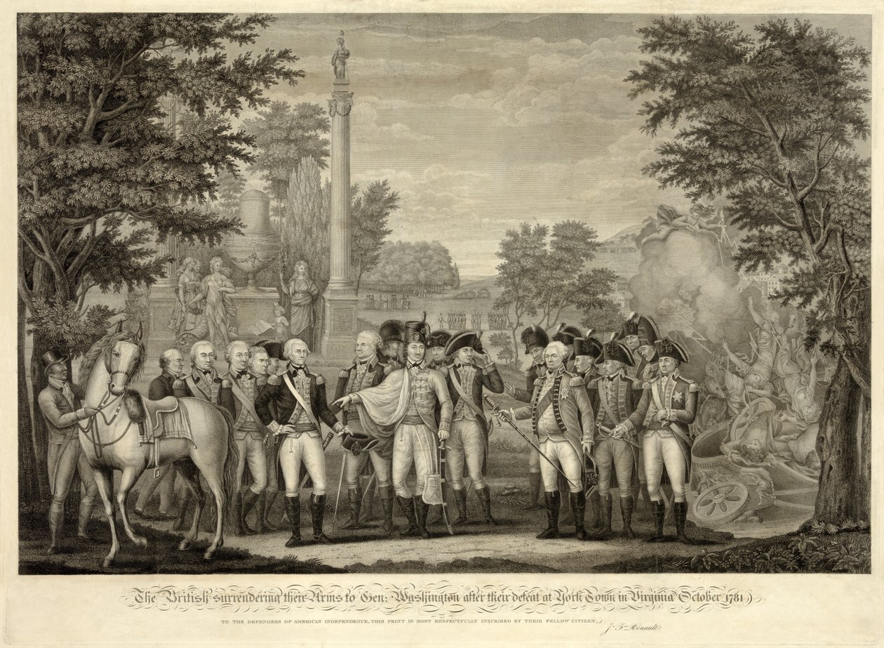 Britene overga sine våpen til general Washington etter deres nederlag i York Town i Virginia oktober 1781, pub. 1819 (gravering) av John Francis (after) Renault