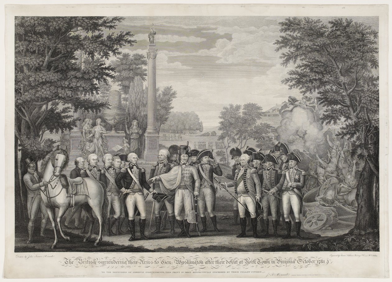 Britene overga våpnene sine til Gen: Washington etter deres nederlag i York Town i Virginia oktober 1781. av John Francis (after) Renault