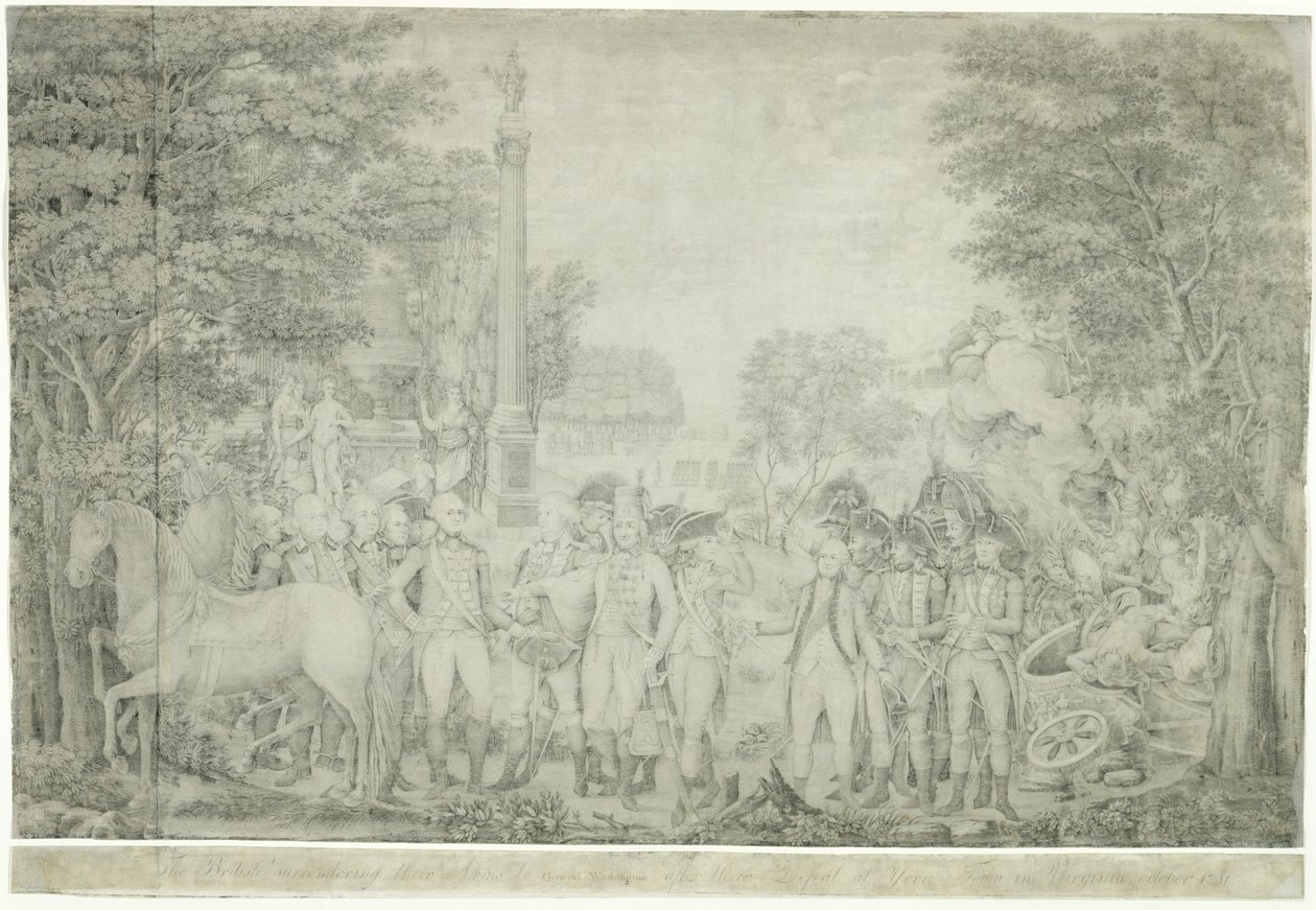 Britene overga våpnene til general Washington etter deres nederlag ved Yorktown i Virginia, oktober, 1781, 1810-1815 av John Francis Renault