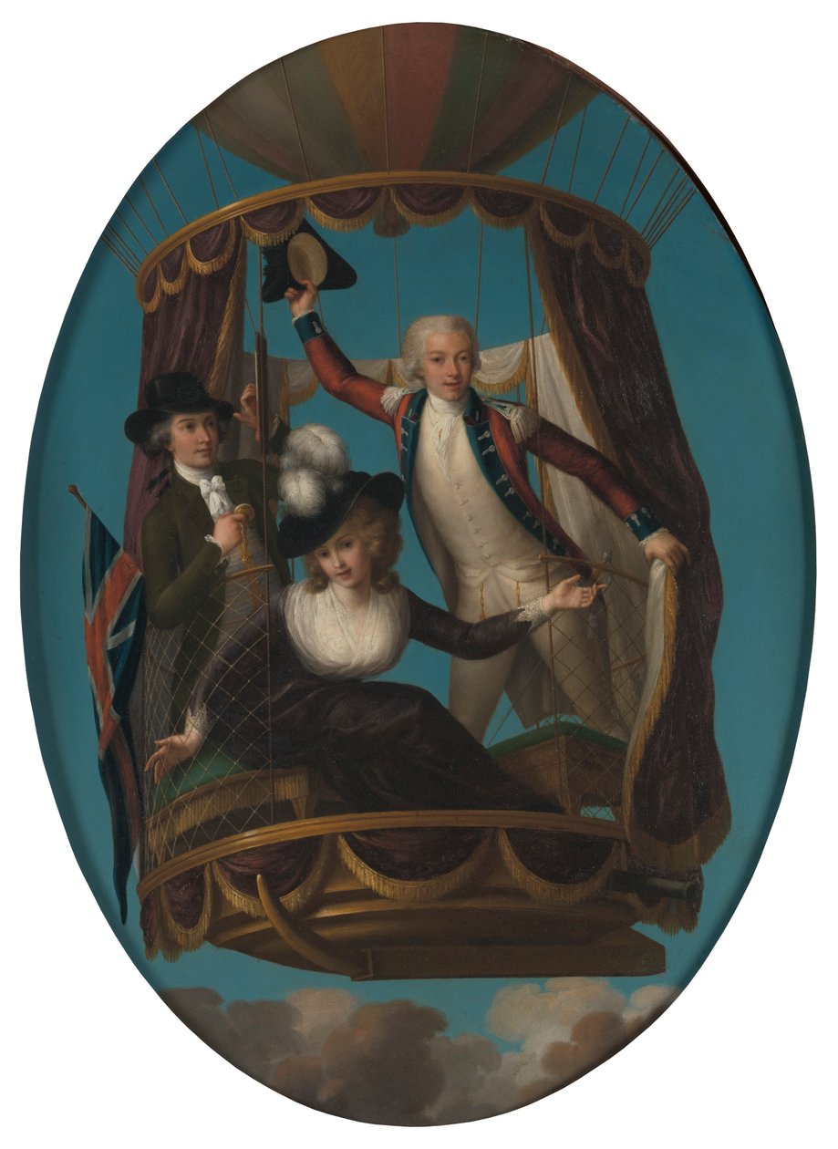 Kaptein Vincenzo Lunardi med sin assistent George Biggin, og fru Letitia Anne Sage, i en ballong av John Francis Rigaud
