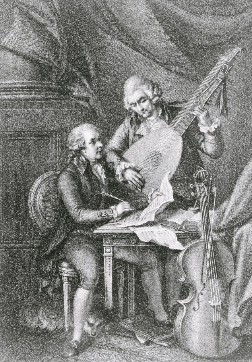 Portrett av Franz Joseph Haydn (1732-1809) og Wolfgang Amadeus Mozart (1756-91) som komponerer musikk for lut, gravert av Michele Benedetti (1745-1810) av John Francis Rigaud