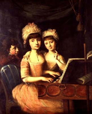 Portrett av barna til guvernøren i Honduras, to jenter og en gutt ved en spinet av John Francis Rigaud