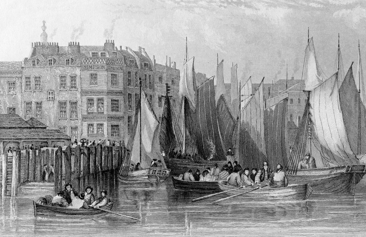 Billingsgate, illustrasjon i 'History of London: Illustrated by views of London and Westminster' av John Woods, gravert av John Woods, utgitt 1838 av John Francis Salmon