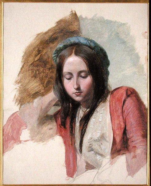 Studie av en kvinne (olje og blyant på papir) av John Frederick (attr.to) Lewis